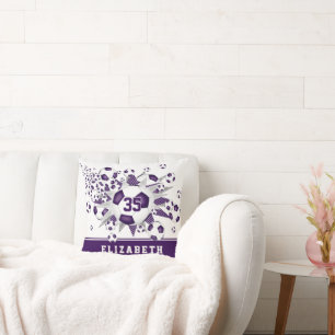purple sports room girls soccer balls stars throw pillow