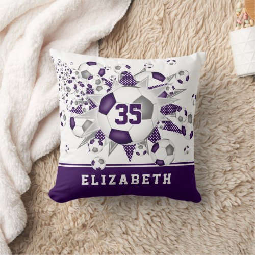 purple sports room girls soccer balls stars throw pillow