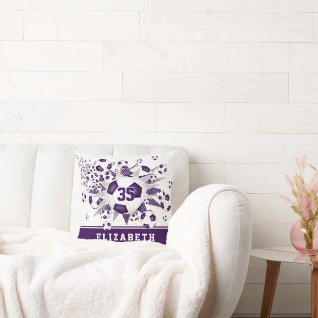 purple sports room girls soccer balls stars throw pillow (Couch)
