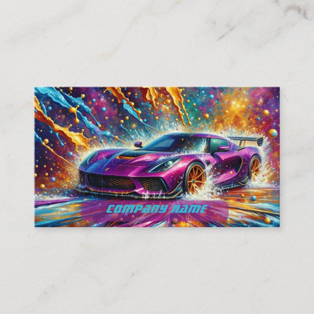 Purple Sportscar with Colorful Splashes Business Card (Front)