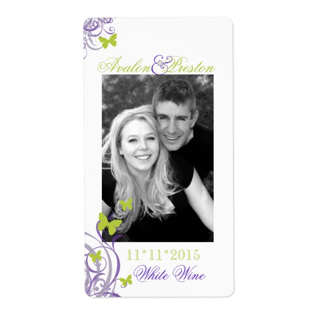 Purple Spring Butterfly Wedding Wine Label (Front)