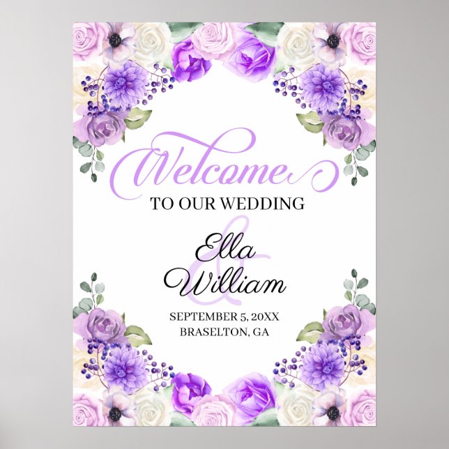 Purple Spring Floral Fall Wedding Welcome Sign (Front)