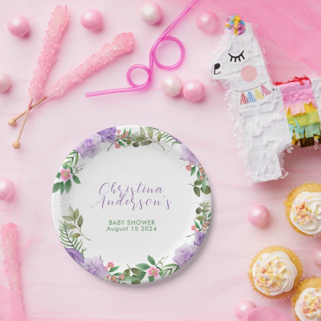 Purple Spring Floral Girl Baby Shower Paper Plates (Party)