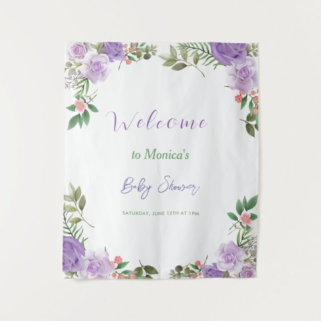 Purple Spring Floral Girl Baby Shower Tapestry (Front)