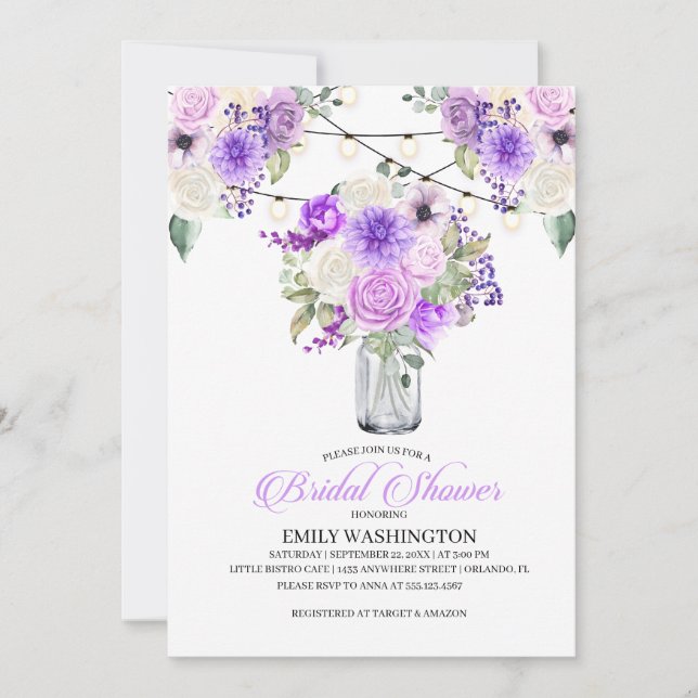 Purple Spring Floral Vase Bridal Shower Invitation (Front)