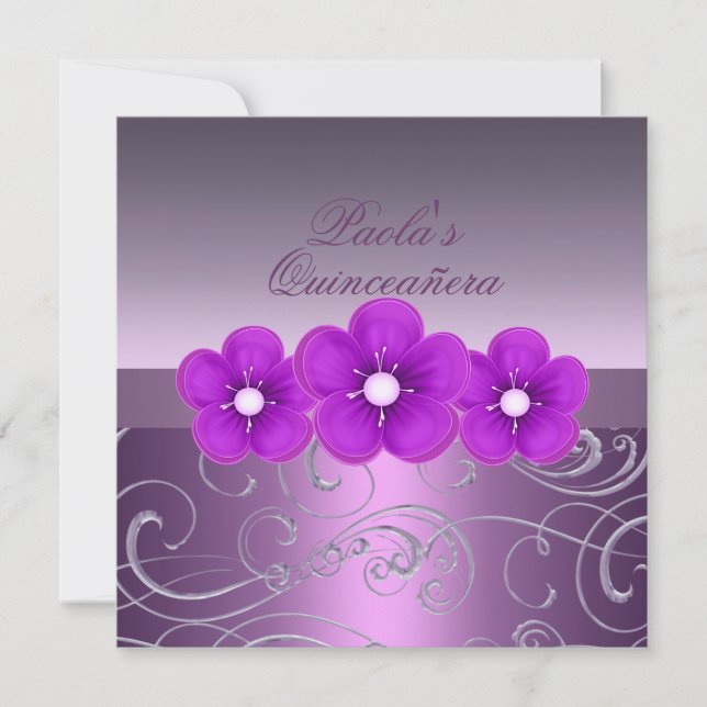 Purple Spring Flower & Swirl Quinceañera Invite (Front)