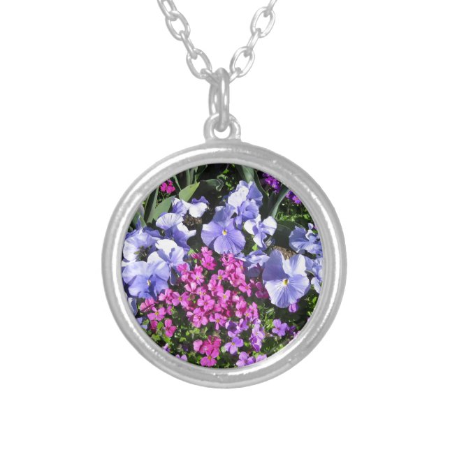 Purple Spring Flowers Silver Plated Necklace (Front)