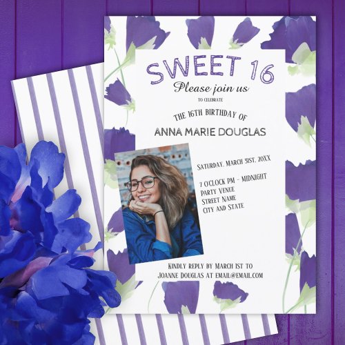 Purple Spring Tulips Floral Sweet 16 Invitations