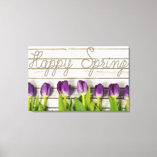 purple spring tulips on whitewashed wood canvas print