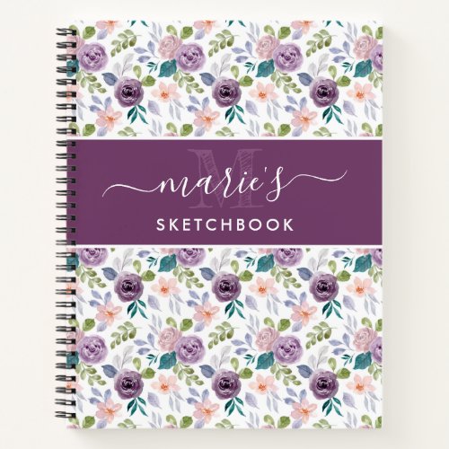 Purple Spring Watercolor Flowers Pattern Add Name  Notebook