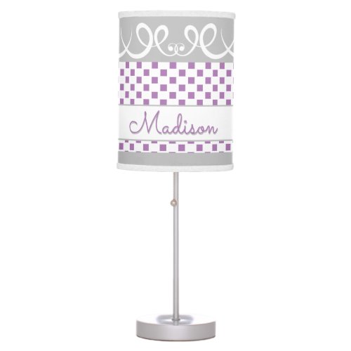 Purple Square Polka Dots and Swirls Cute Girly Table Lamp