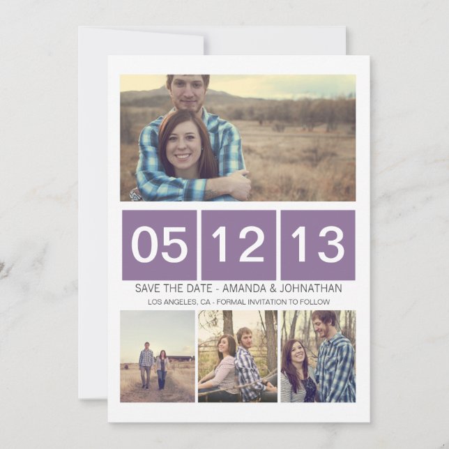 Purple Squared Photo  Save The Date Invites (Front)