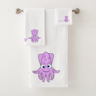Purple Squid Design Monogrammed Bath Towel Set