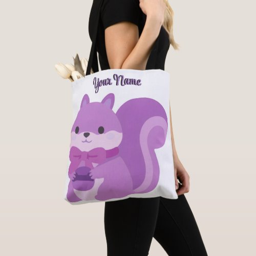 Purple Squirrel Cute Kawaii Custom Name Tote Bag