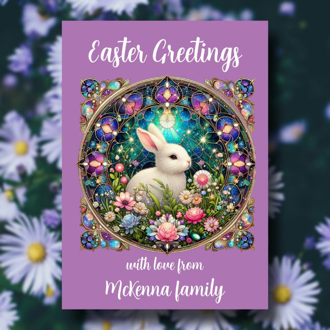 Purple Stained Glass Easter Bunny Christian  Holiday Card (Creator Uploaded)