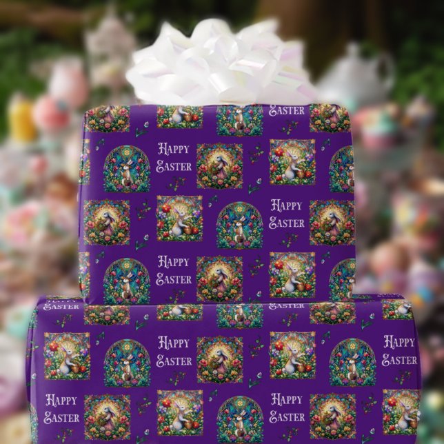 Purple Stained Glass Easter Bunny Pattern Wrapping Paper (Creator Uploaded)