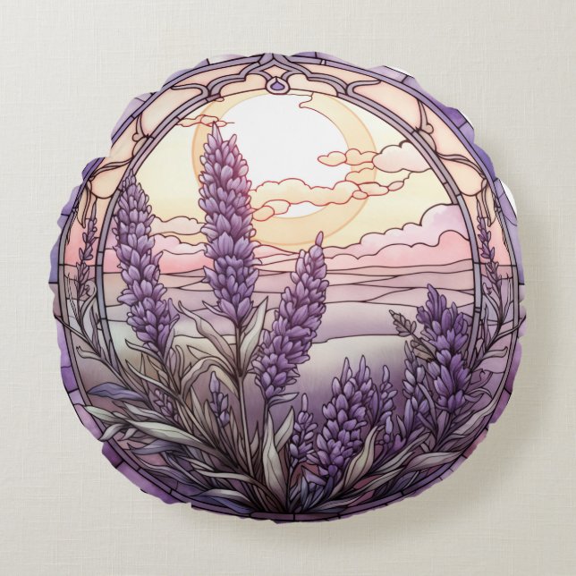 Purple Stained glass lavender landscape Design Round Pillow (Front)