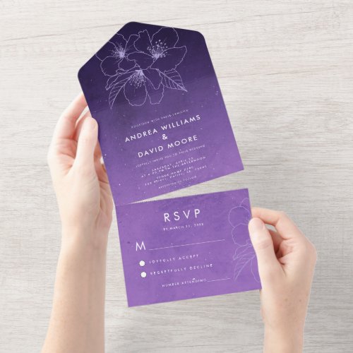 Purple Star Galaxy Universe  Drawn Floral Wedding All In One Invitation