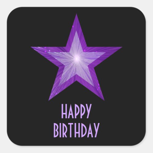 Purple Star Happy Birthday square sticker black