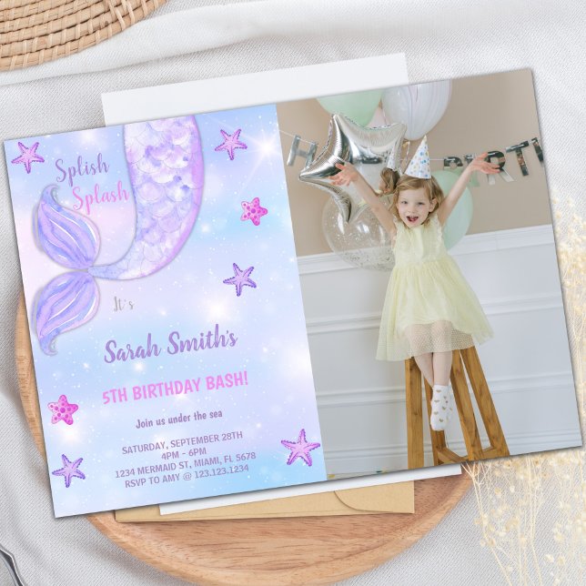 Purple Star Mermaid Birthday Invitations (Purple Star Mermaid Birthday Invitations w photo)