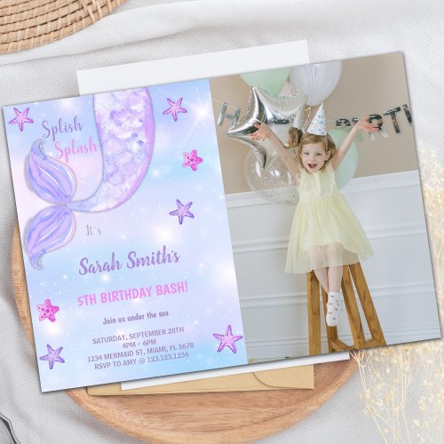 Purple Star Mermaid Birthday Invitations w photo