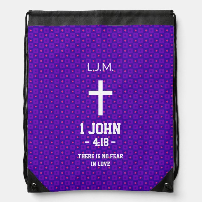 Purple Star Square Pattern Bible Verse Christian Drawstring Bag (Front)