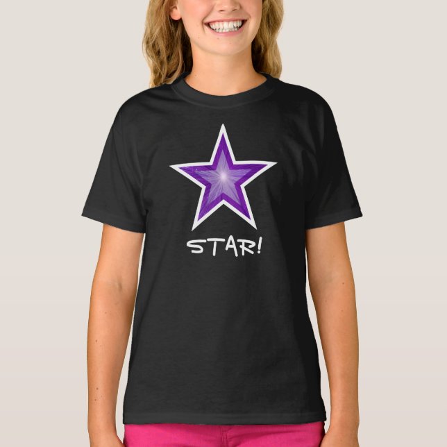 Purple Star White 'STAR!' girl's t-shirt black (Front)