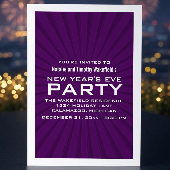 Purple Starburst Stripes New Year's Party Invite (Purple Starburst Stripes New Years Party Invite)