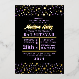 Purple Stars Bar Bat Mitzvah Invitation Gold Inlay Foil Invitation