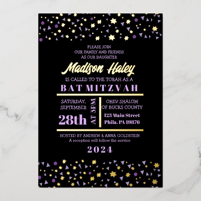 Purple Stars Bar Bat Mitzvah Invitation Gold Inlay Foil Invitation (Front)