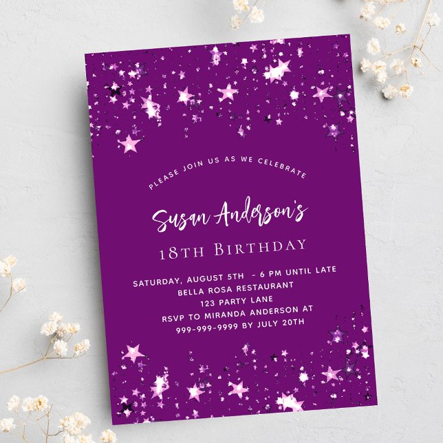 Purple stars birthday invitation postcard (Creator Uploaded)