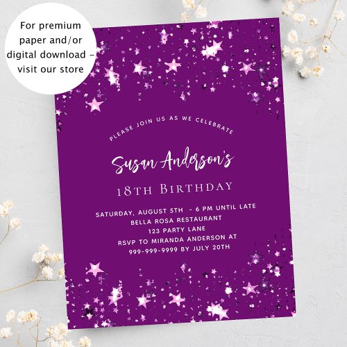 Purple stars budget birthday invitation