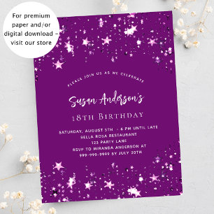 Purple stars budget birthday invitation flyer