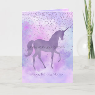 Purple Stars Confetti Watercolor Unicorn Birthday Card