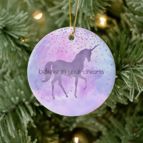 Purple Stars Confetti Watercolor Unicorn Ceramic Ornament