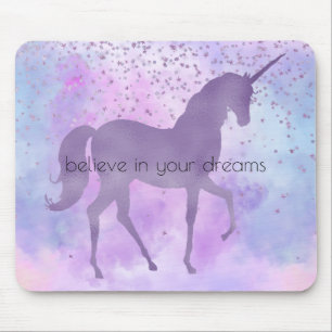 Purple Stars Confetti Watercolor Unicorn Mouse Pad