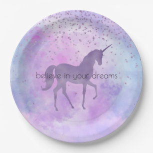 Purple Stars Confetti Watercolor Unicorn Paper Plates