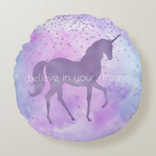 Purple Stars Confetti Watercolor Unicorn Round Pillow