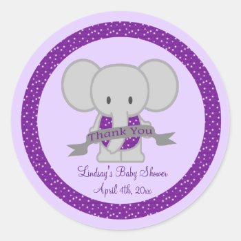 Purple Stars Elephant Baby Shower Thank You Classic Round Sticker by StarStruckDezigns at Zazzle