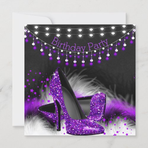 Purple Stars High Heels Birthday Chalkboard Lights Invitation