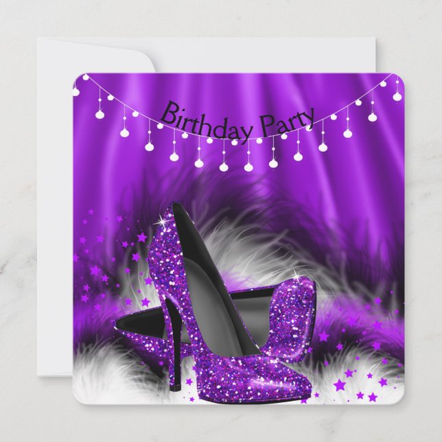 Purple Stars High Heels Birthday Party Lights Invitation (Front)