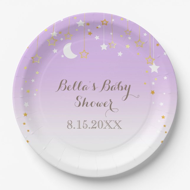Purple Stars Moon Baby Shower Paper Plates (Front)