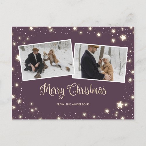 Purple Stars Snow Photo Merry Christmas Holiday Postcard