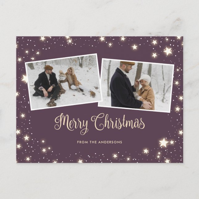 Purple Stars Snow Photo Merry Christmas Holiday Postcard (Front)