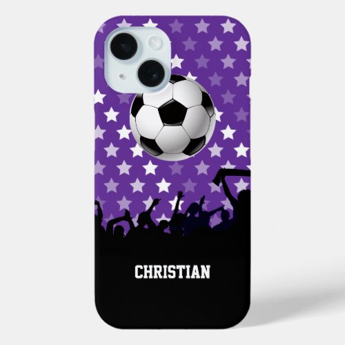 Purple Stars Soccer Fans and Ball iPhone 15 Case