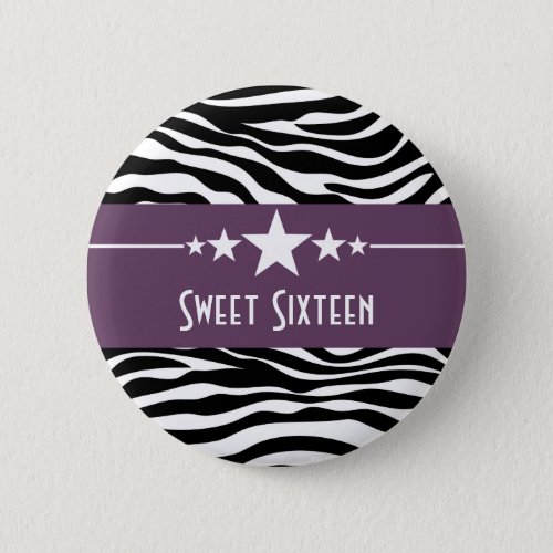 Purple Stars Zebra Print Sweet 16 Button