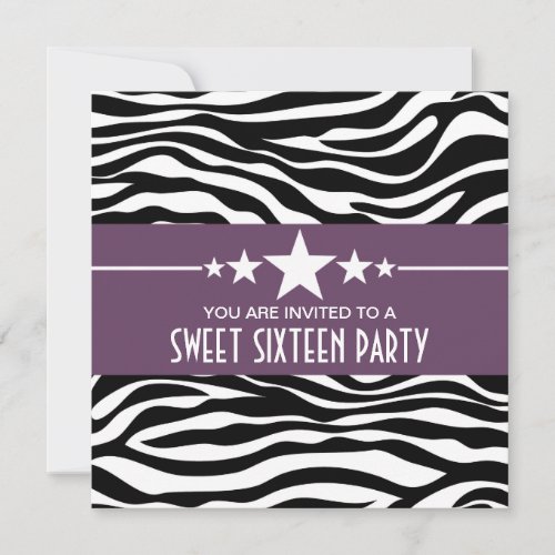 Purple Stars Zebra Print Sweet 16 Invite