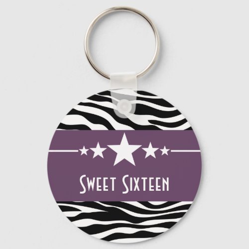 Purple Stars Zebra Print Sweet 16 Keychain