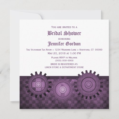 Purple Steampunk Gears Bridal Shower Invite