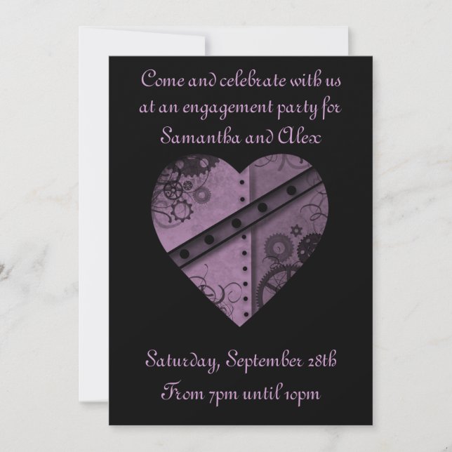 Purple steampunk heart engagement party bridal invitation (Front)